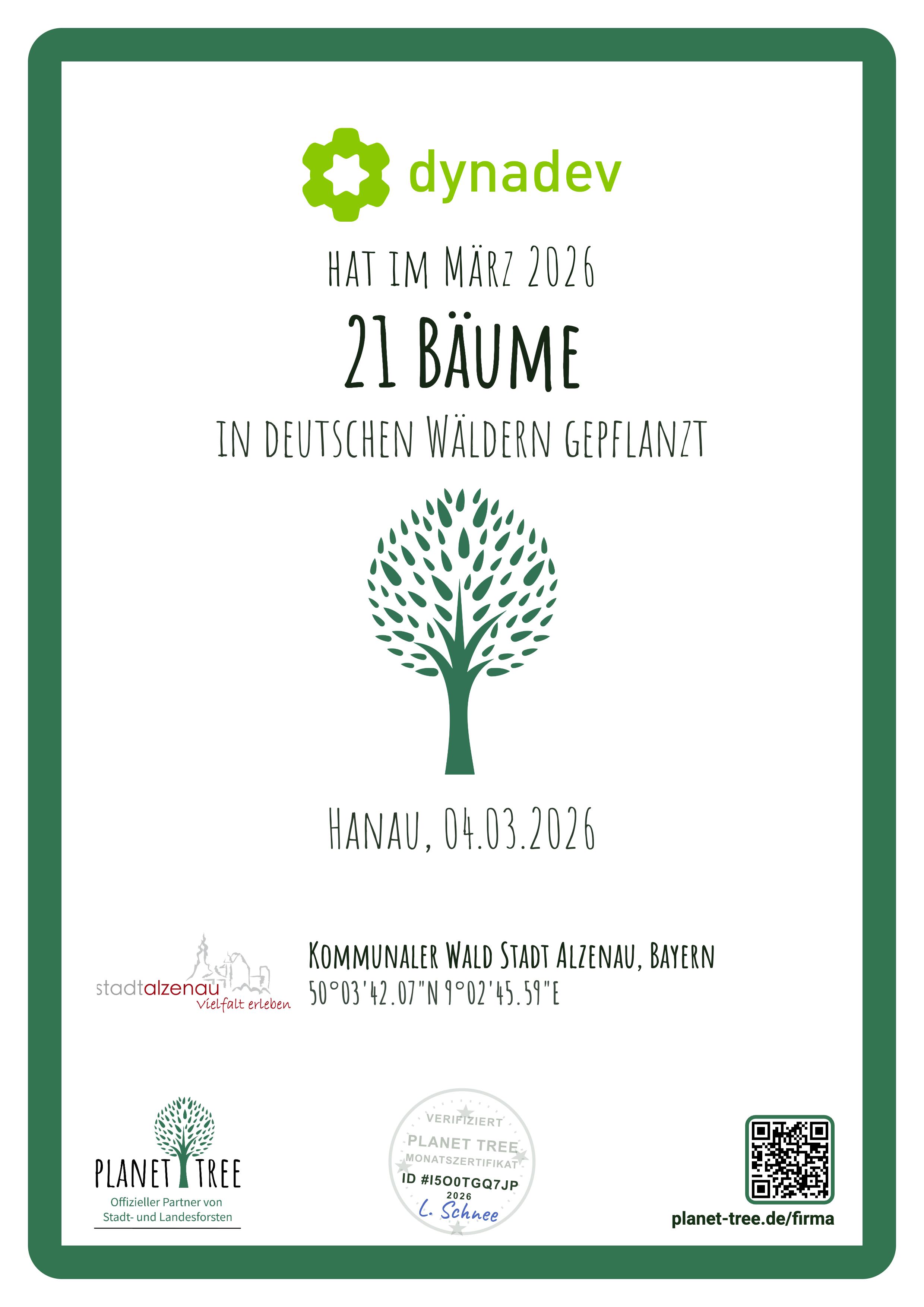 Certificate for planting 21 trees in German forests by dynadev.