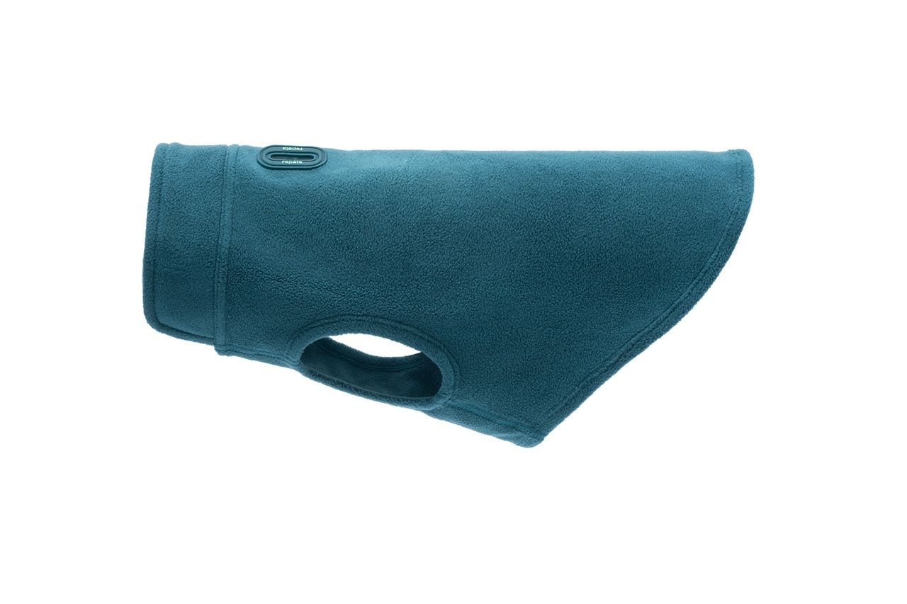 Dog coat in teal color, designed for warmth and comfort.