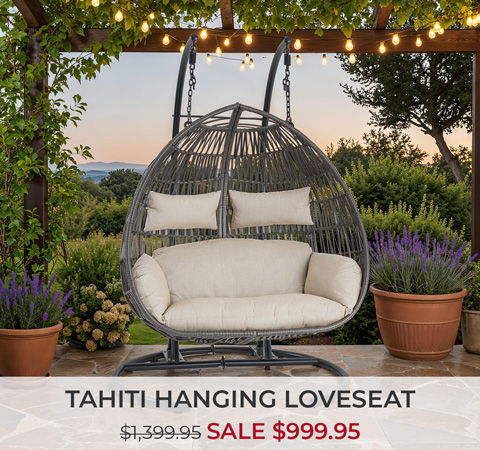Hanging loveseat with cushions in an outdoor setting, on sale.