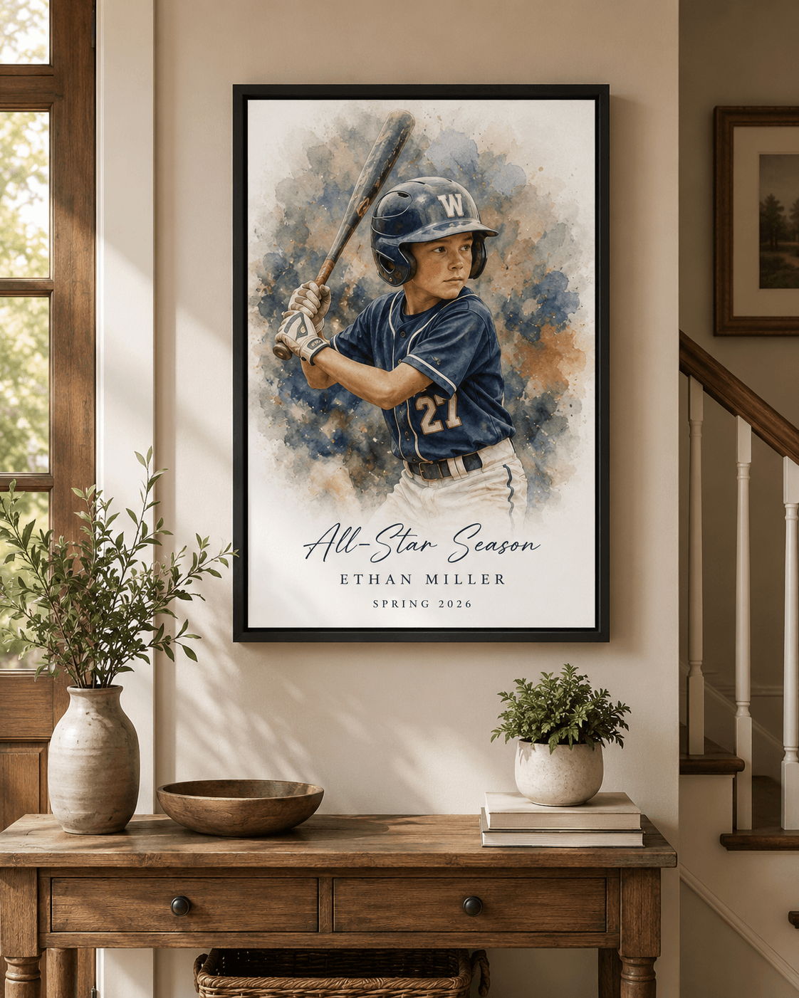A framed artwork of a young baseball player with the text 