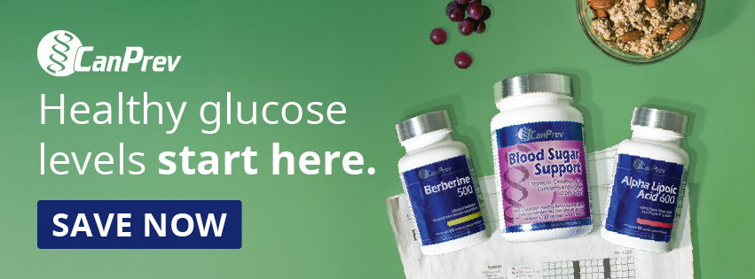 Bottles of supplements promoting healthy glucose levels on a green background.