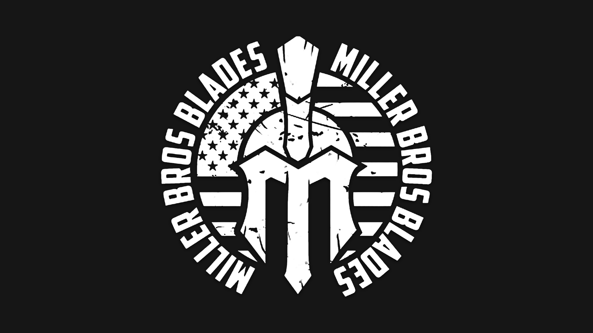 Logo of Miller Bros Blades featuring a Spartan helmet and American flag elements.