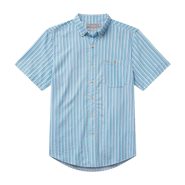 Light blue striped short-sleeve button-up shirt with a chest pocket.