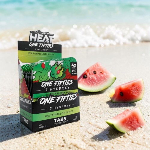 Box of supplements on the beach with watermelon slices.