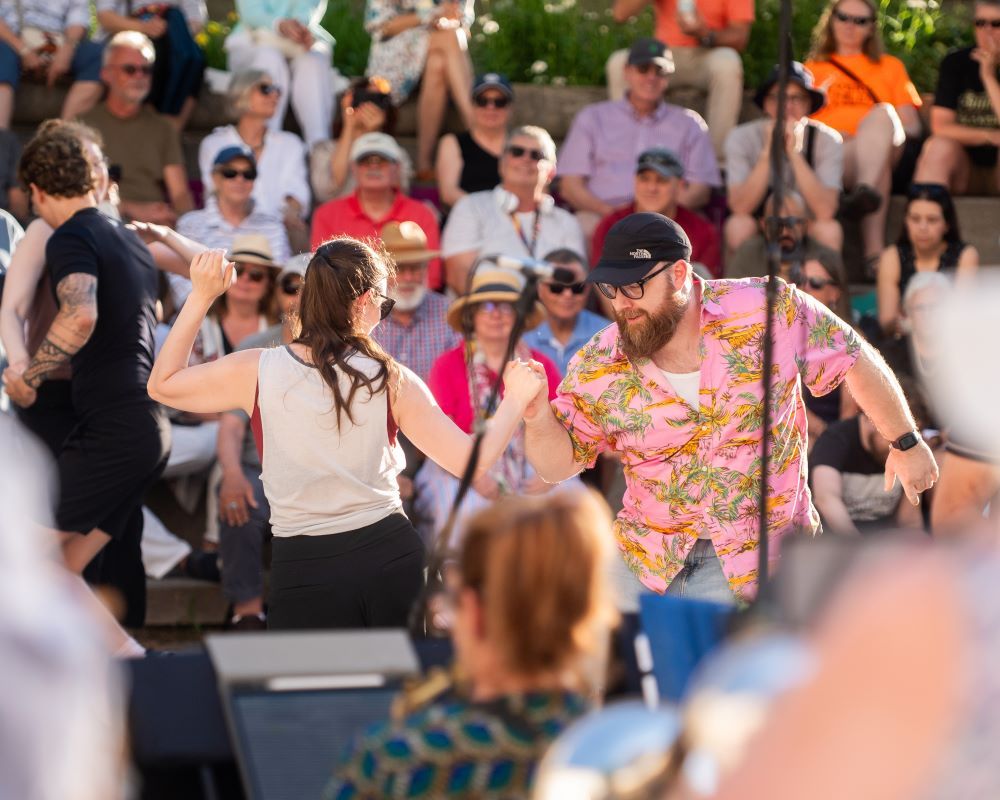 A lively performance with an audience enjoying the show outdoors.