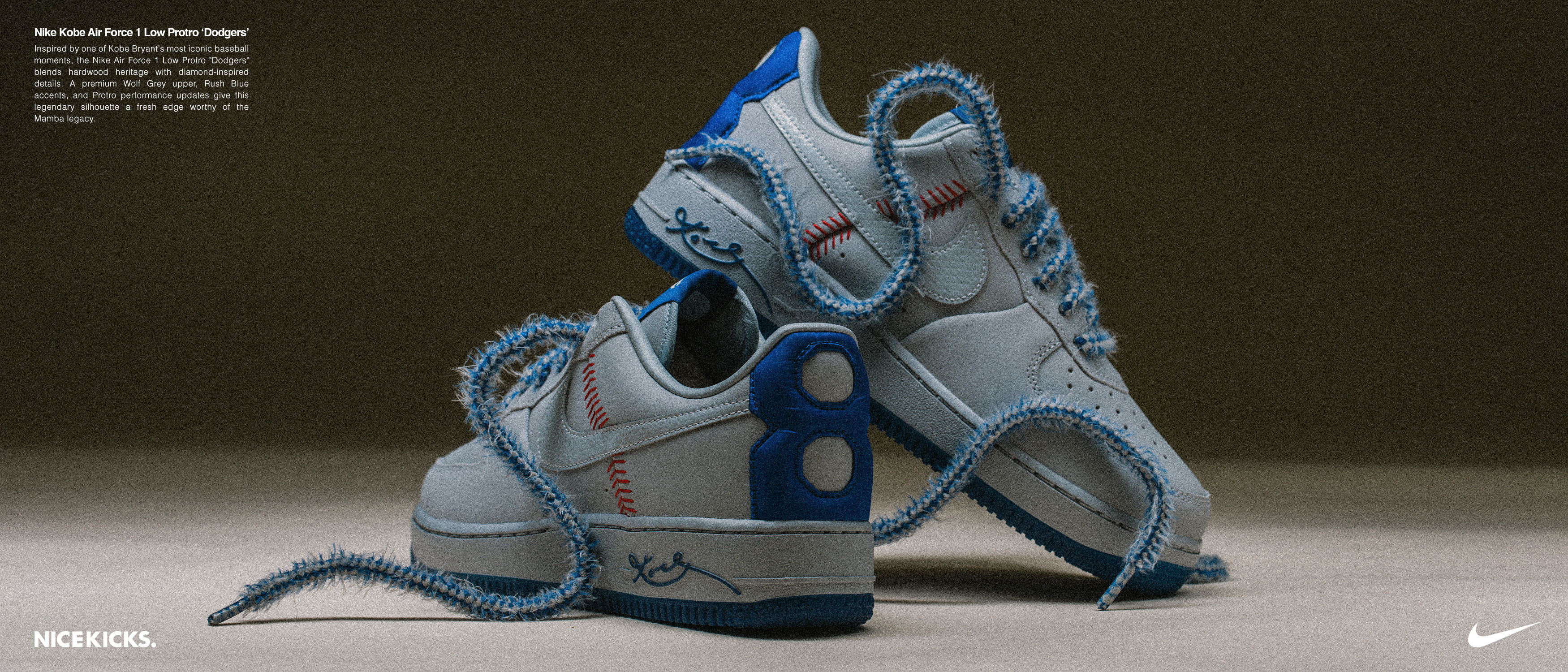 Blue Nike sneakers with unique design and loose laces on a neutral background.
