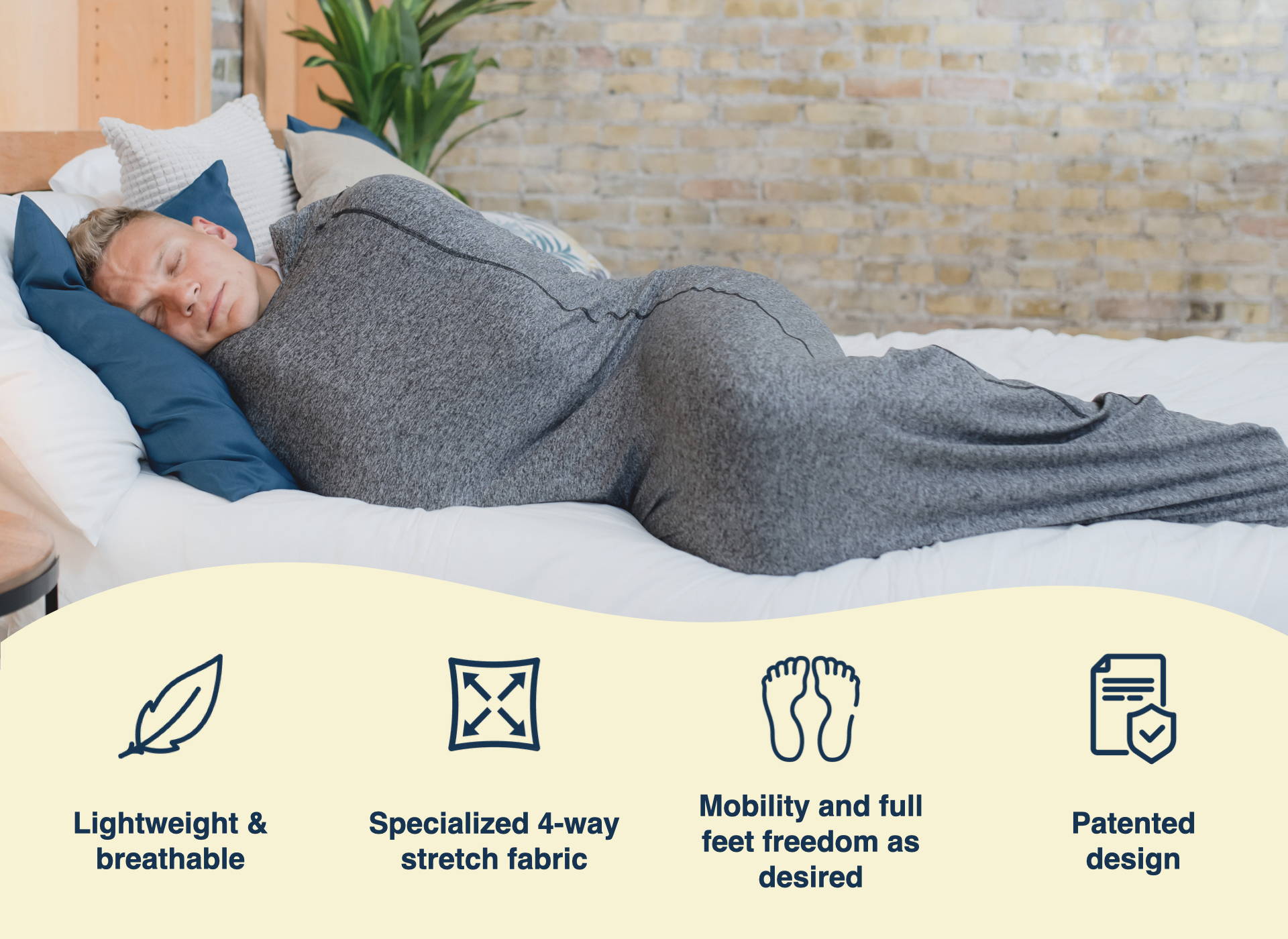Man in sleep pod on bed. Light weight and breathable, mobility and full feet freedom as desired, specialized 4-way stretch fabric, patented design