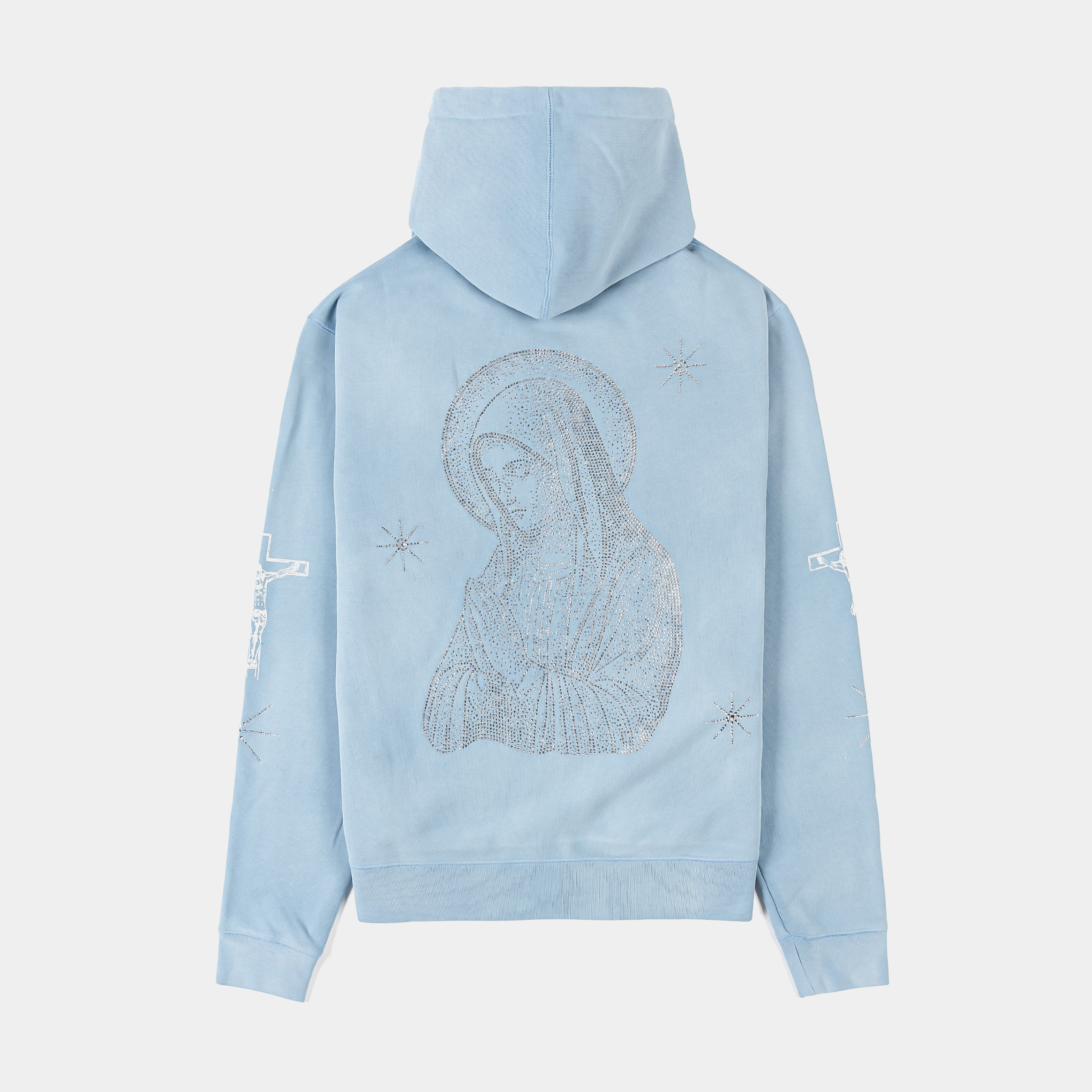 Light blue hoodie with a kangaroo pocket and decorative stitching.