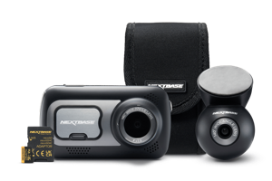 A dashcam with accessories and carrying case.