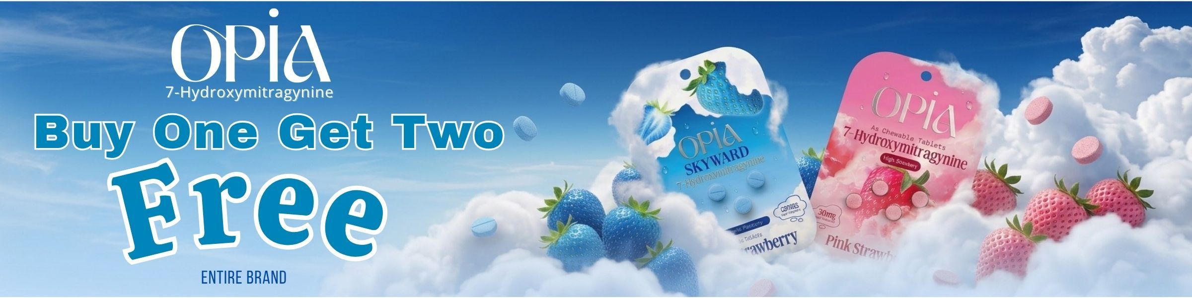 Promotional banner for Opia: Buy one, get two free offer.