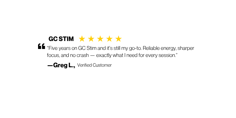 Customer testimonial with five-star rating for QC STIM product.