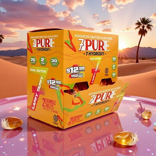 Colorful product box on a vibrant background with palm trees and sunset.