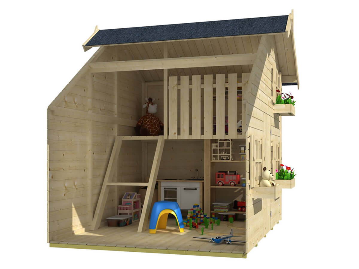 Inside view of Kids Playhouse DIY Kit Little Clubhouse with toys by WholeWoodPlayhouses