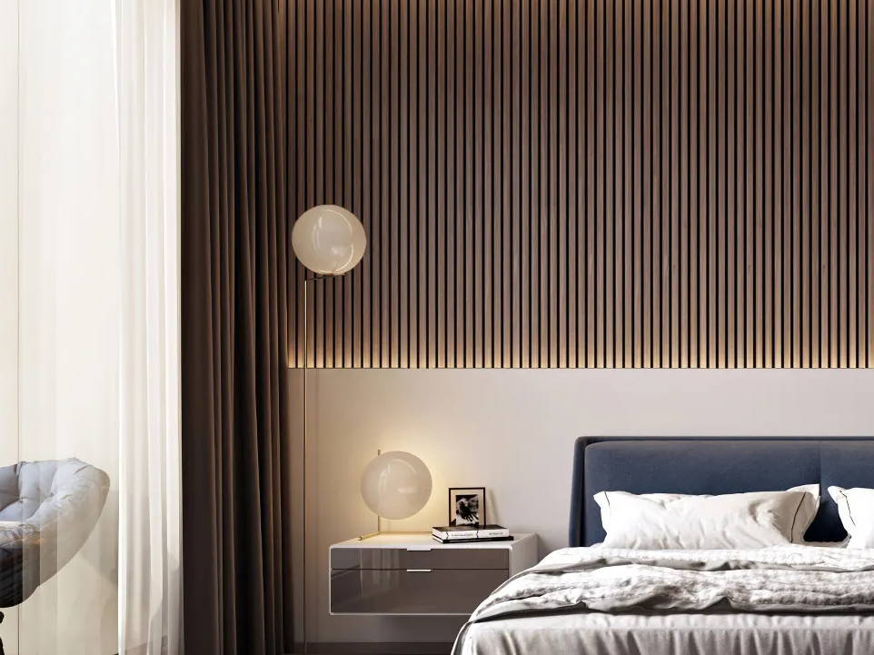 Modern bedroom design featuring walnut acoustic slat wall panels.