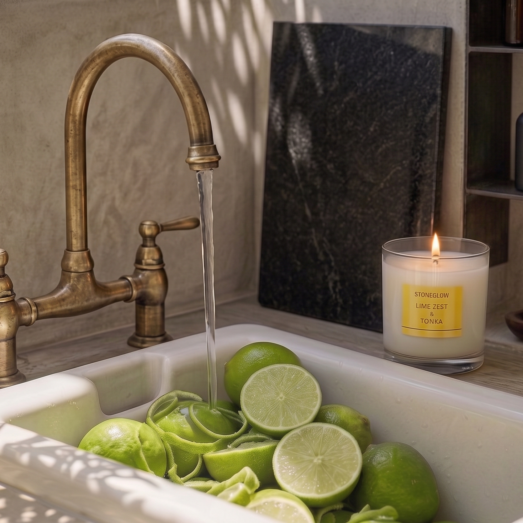 A sink filled with limes, a candle, and a stylish faucet.