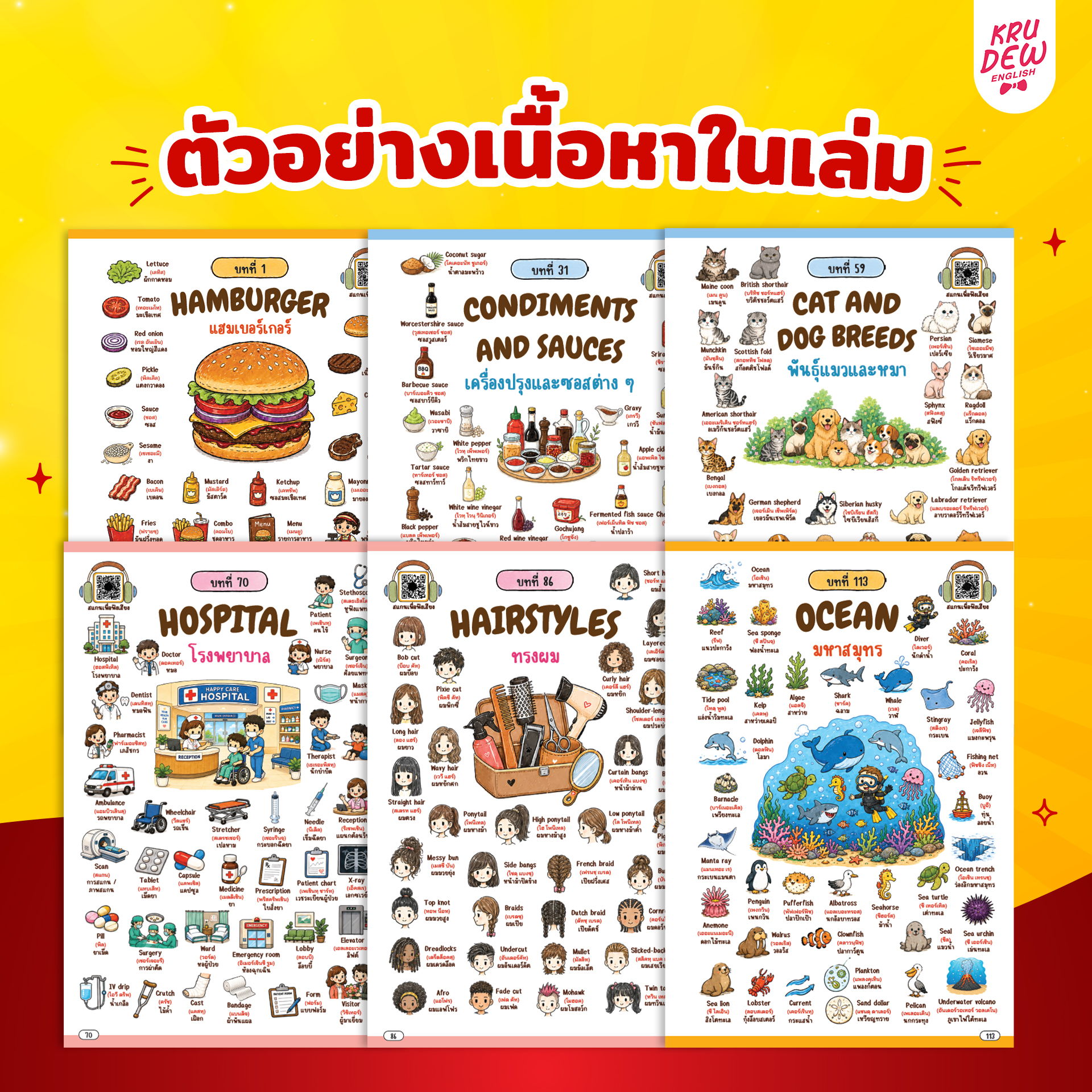 Illustrations of food categories and items in Thai language.