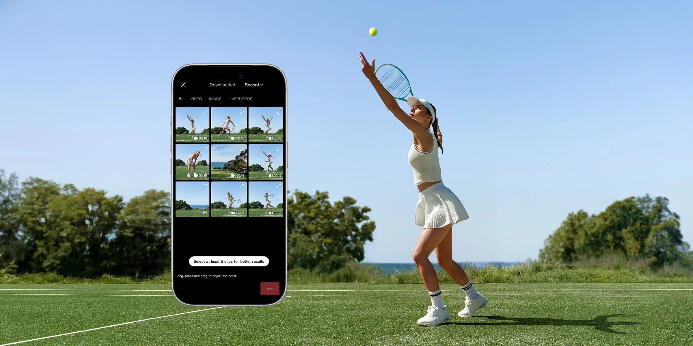 A woman playing tennis with a smartphone displaying images in the background.