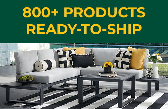 Outdoor living space with sofa, pillows, and coffee table. 800+ products available.