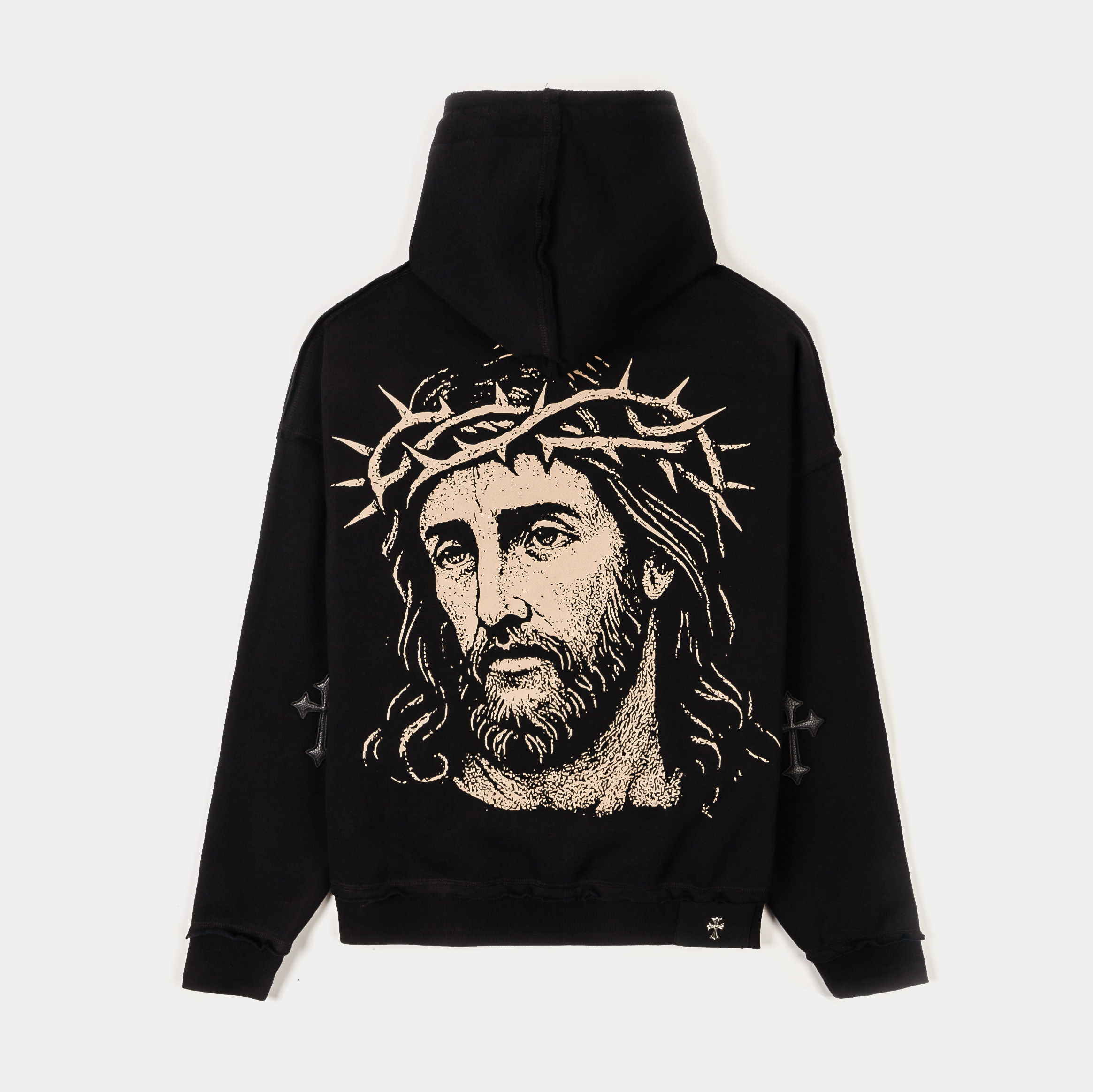 Black zip-up hoodie with graphic designs on the front.