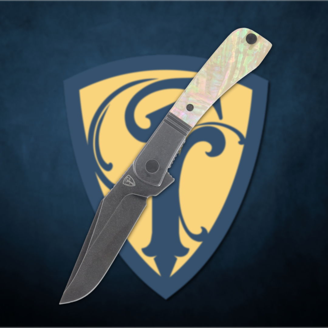 Folding knife displayed over a stylized shield background.