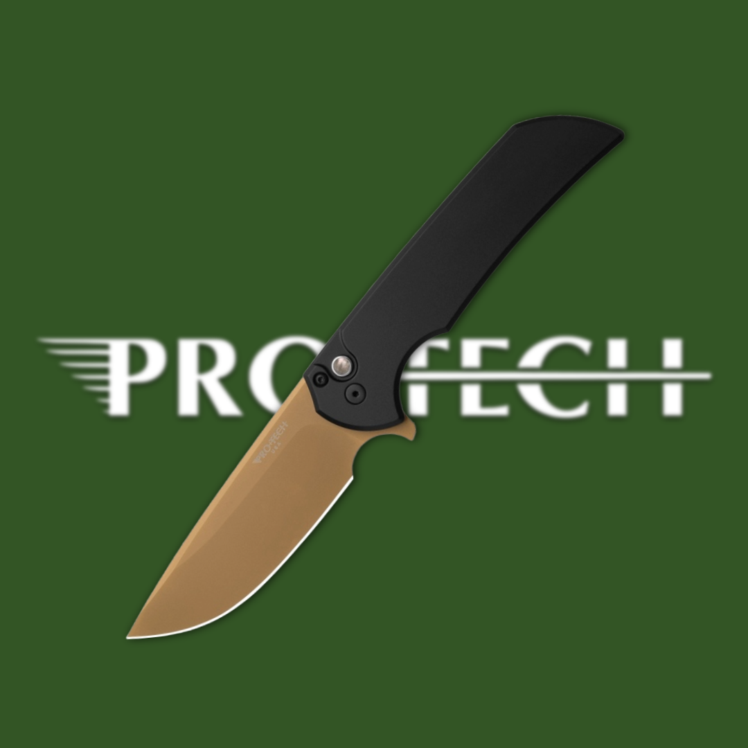 Folding knife with a gold blade and black handle on a green background.