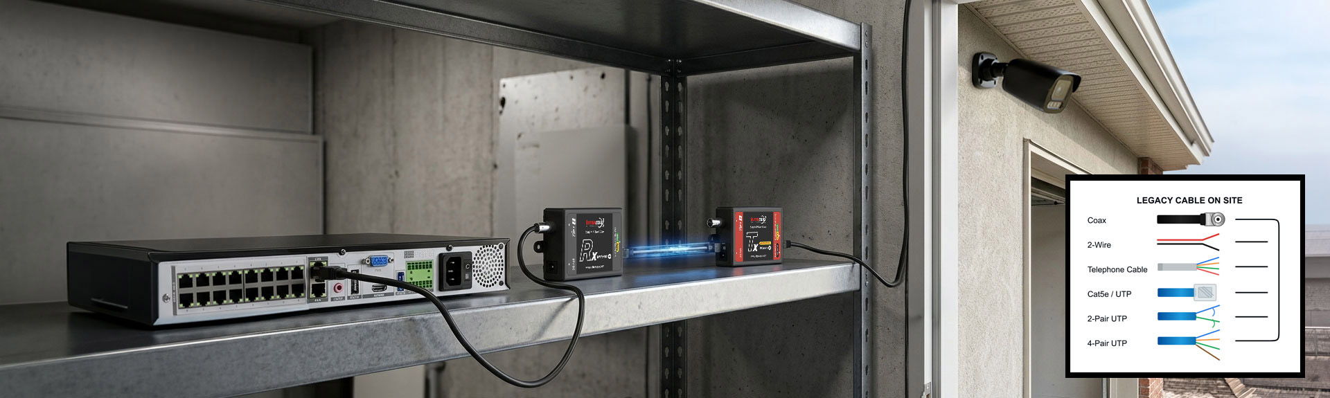 IP camera retrofit and extension setup with NVR, coax-to-Ethernet adapters, legacy cable options, and outdoor security camera