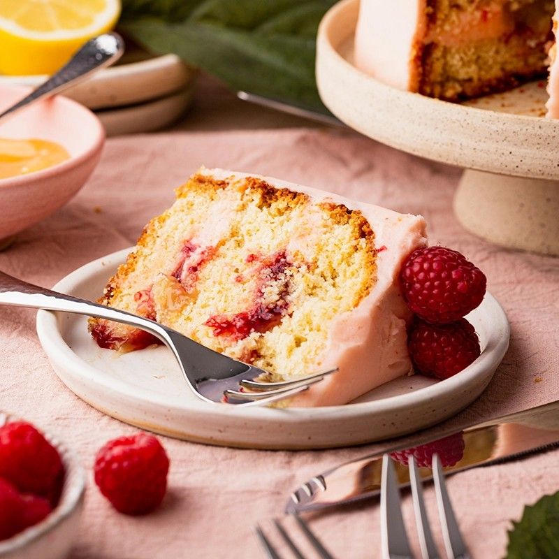 A slice of raspberry and lemon cake
