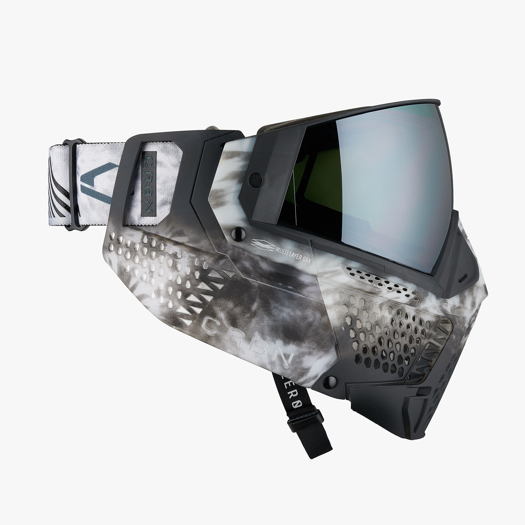 Paintball mask with a patterned design and a mirrored lens.