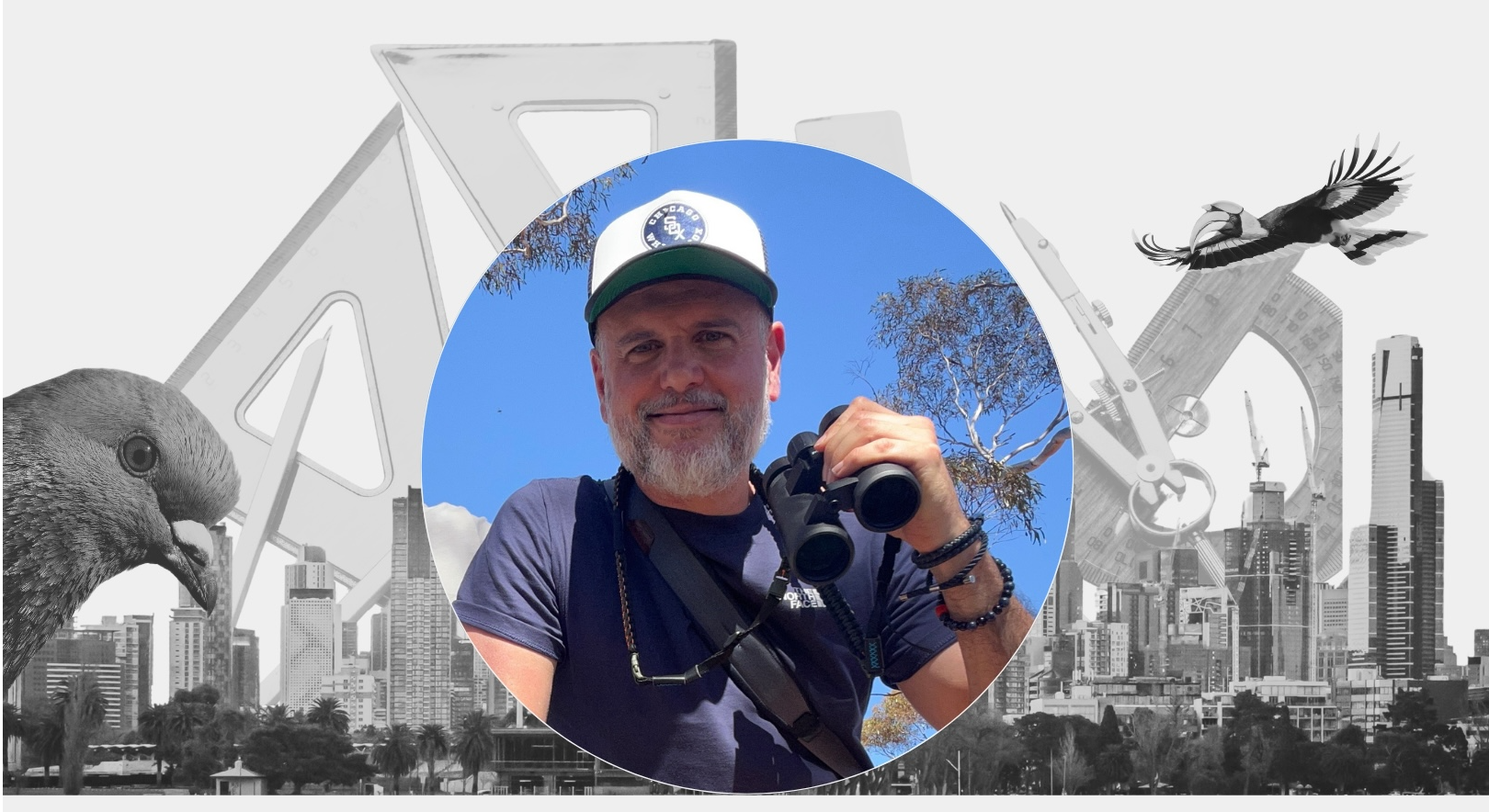 Hero Image of James Lambrou from LYFER with binoculars and melbourne skyline while urban birding