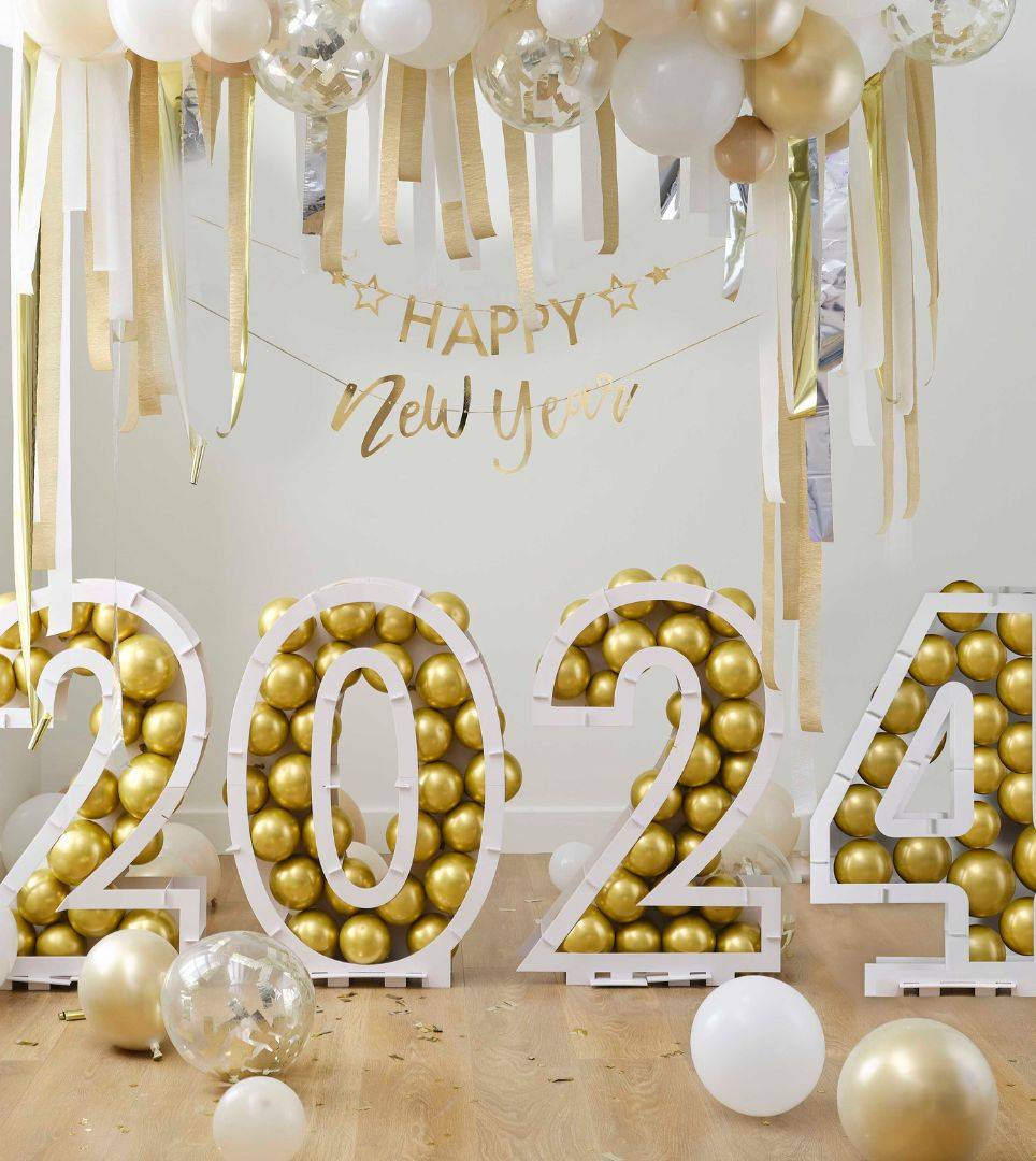 Gold Party Decorations with 2024 Balloon Stands and lots of Gold Balloons