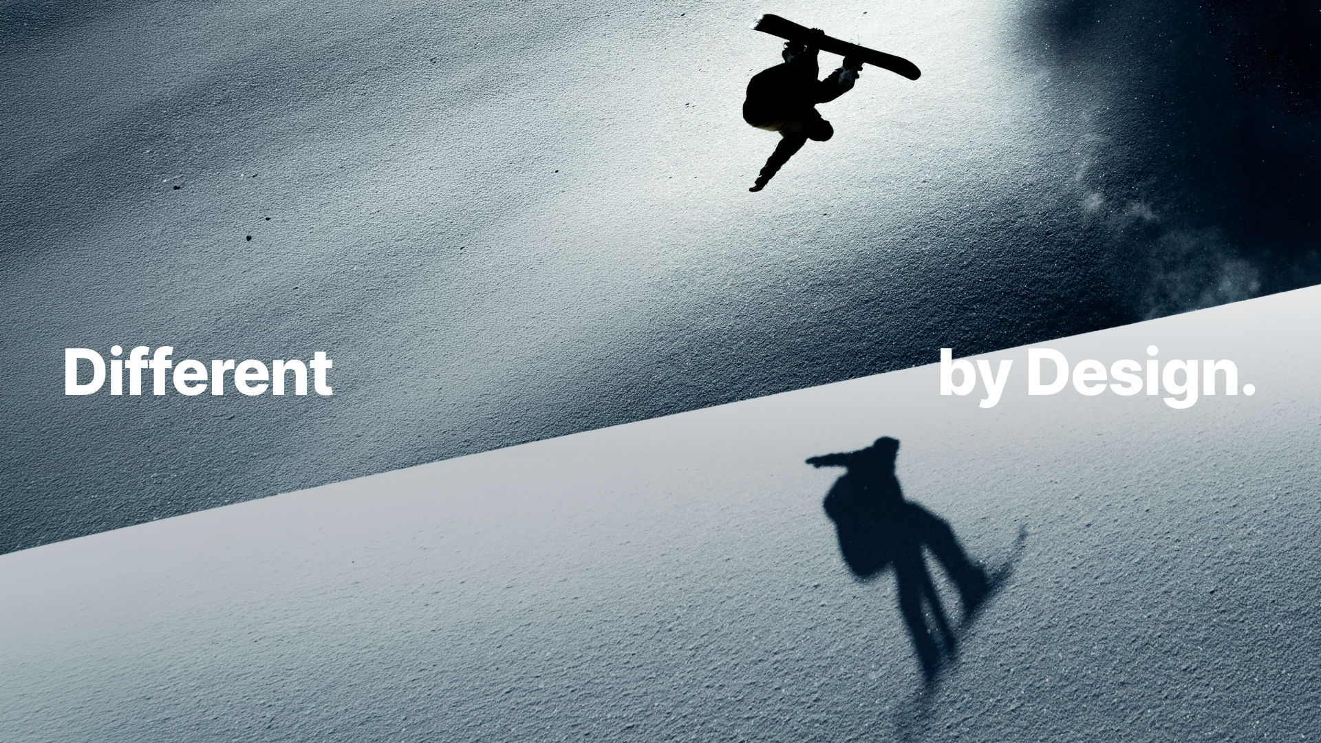 A snowboarder jumping with text 