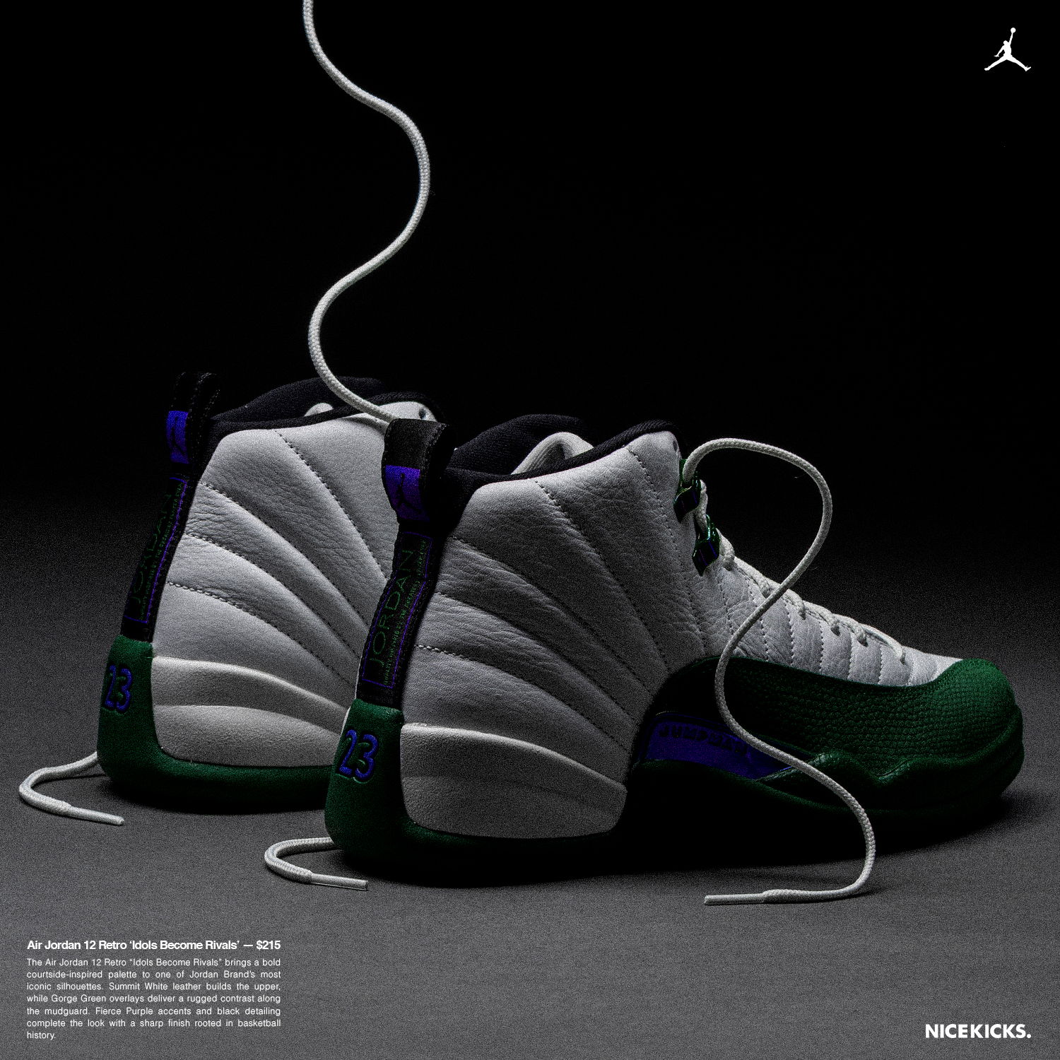A pair of Air Jordan 12 sneakers with laces on a dark background.