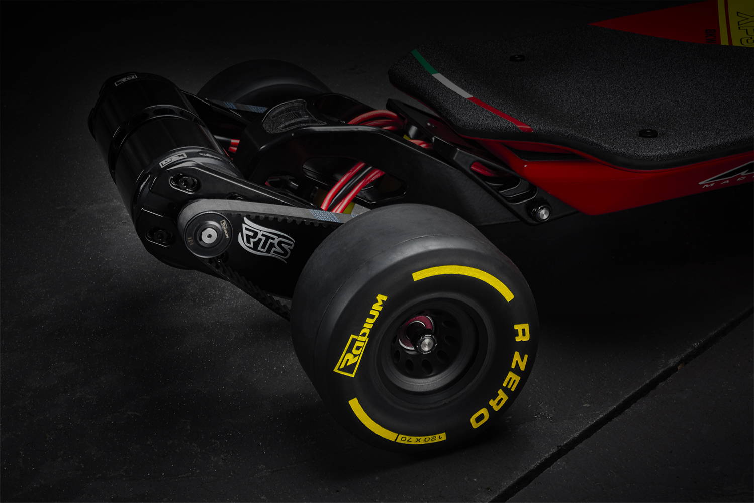 Close up of motors and wheel of Radium Performance Mach One XP3 Electric Skateboard