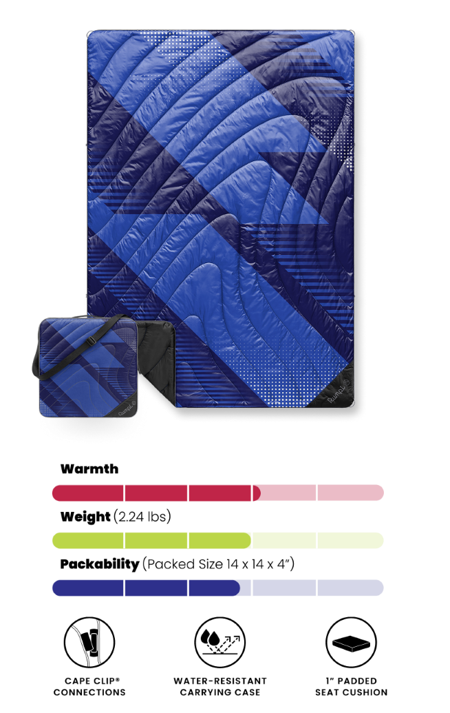 Blue quilted blanket with a matching carrying pouch and color swatches below.