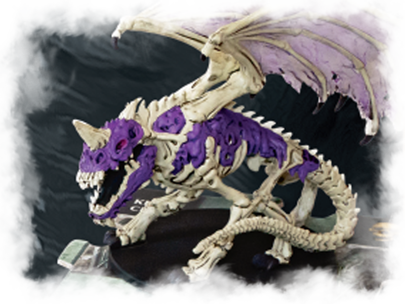 A skeletal dragon with purple accents and wings, posed dramatically.