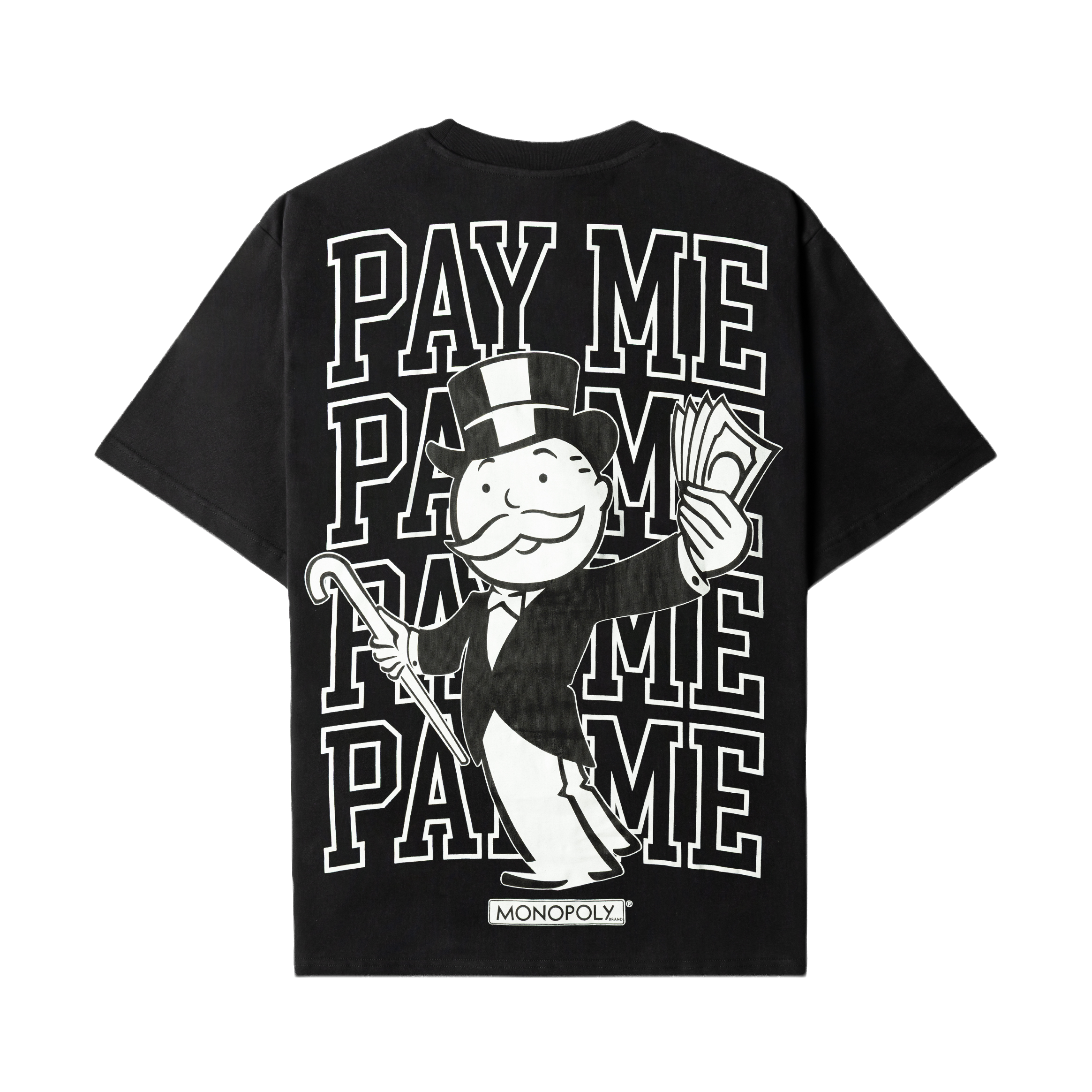 Black t-shirt with a graphic print on the front.