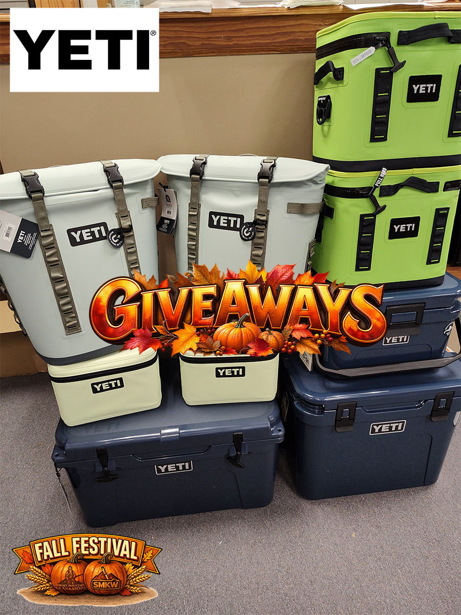 YETI coolers stacked that will be given away at fall festival.