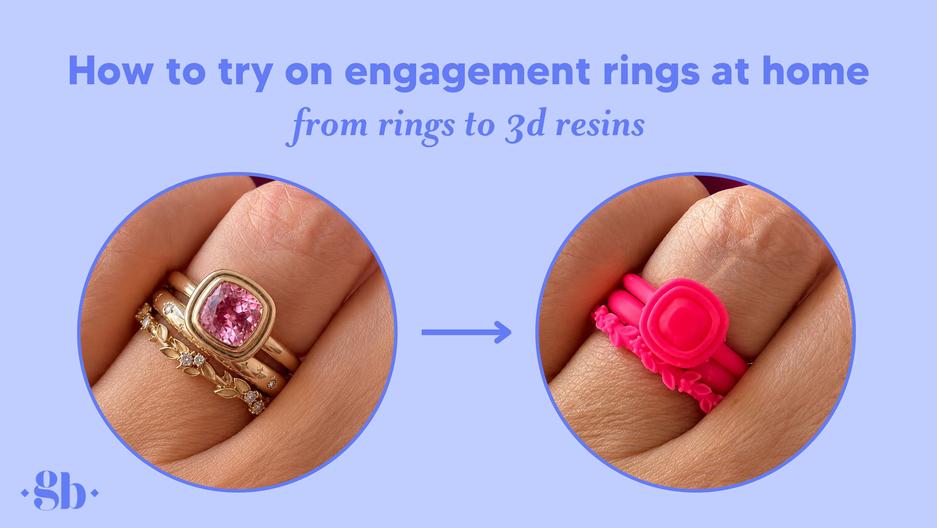 3D resin engagement ring try-on replica beside the finished Gem Breakfast ring stack