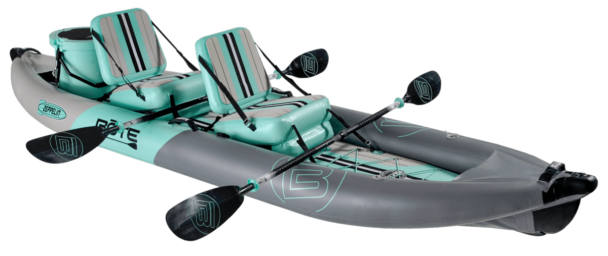 Angled view of a decked out Zeppelin Aero 12′6″ Graphite Inflatable Kayak in tandem configuration