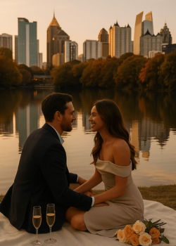 Couple enjoying a romantic picnic proposal in an Atlanta park with skyline views.