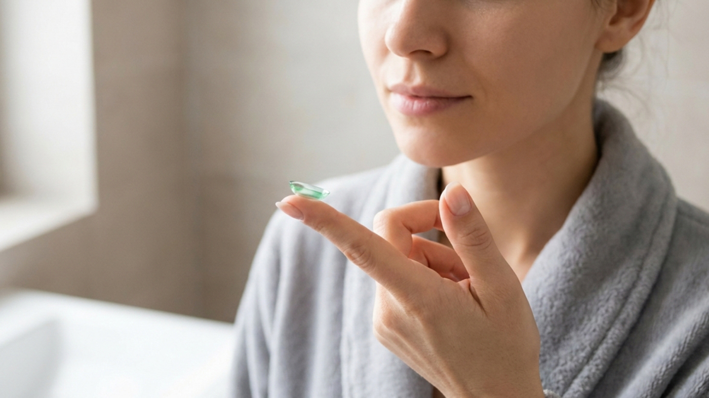 Person carefully removing a colored contact lens before taking off eye makeup — proper order for contact lens and makeup removal.