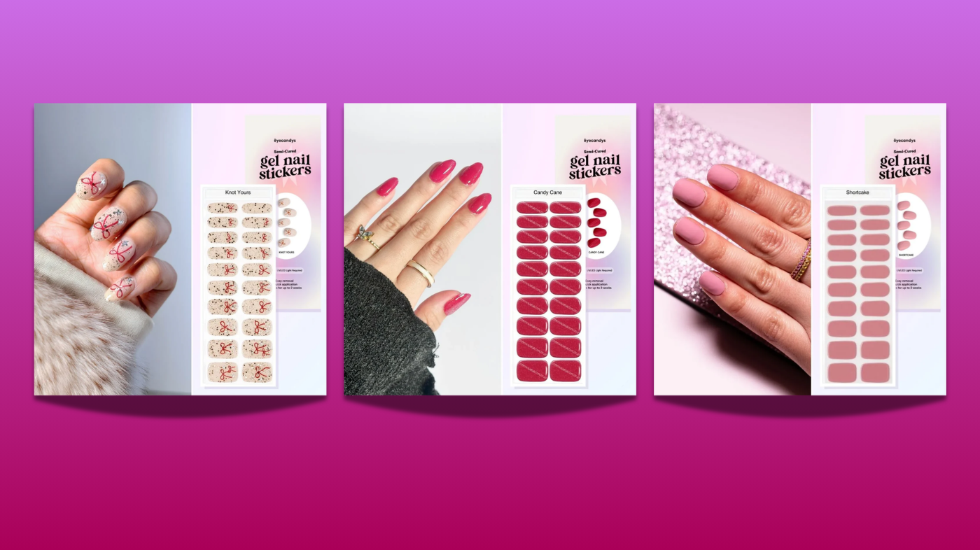 Nail-friendly manicure option using EyeCandys gel nail stickers, showing tidy, quick-to-apply designs that protect nails, reduce polish damage, and create a clean, uniform look
