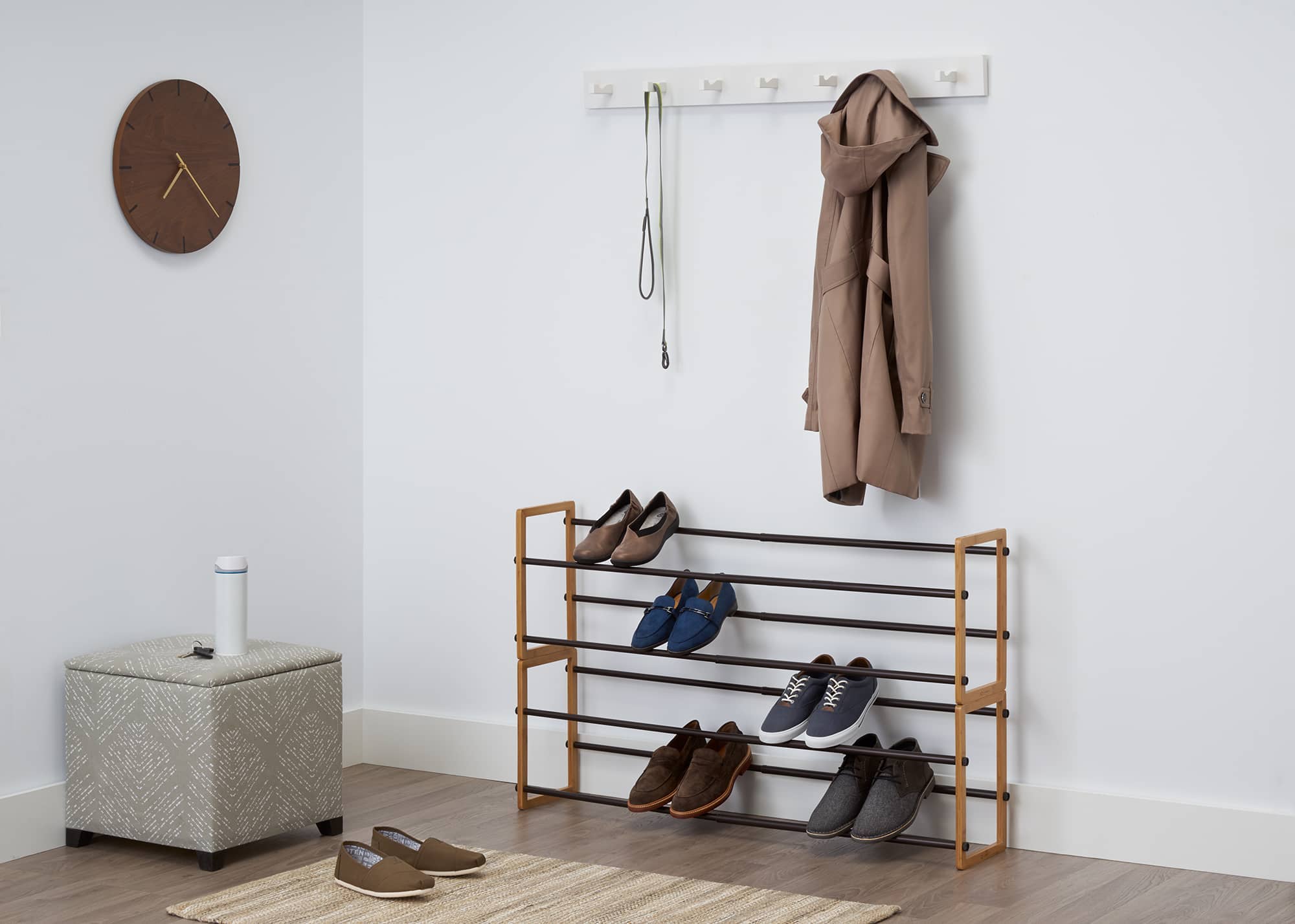 2 expandable shoe rack stacked together, expanded