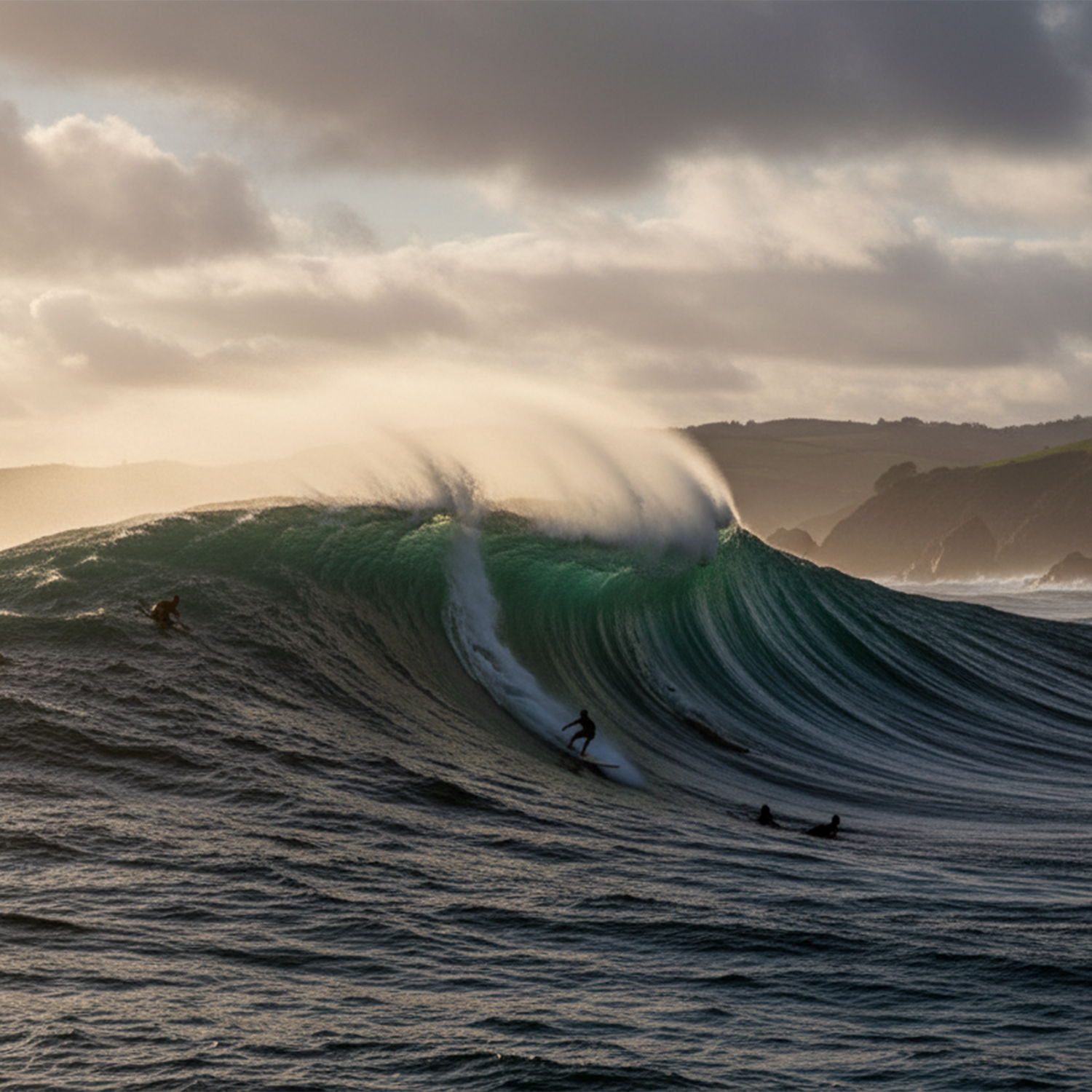 Des surfeurs qui ride : Belharra, la vague monumentale du Pays Basque au coucher du soleil.