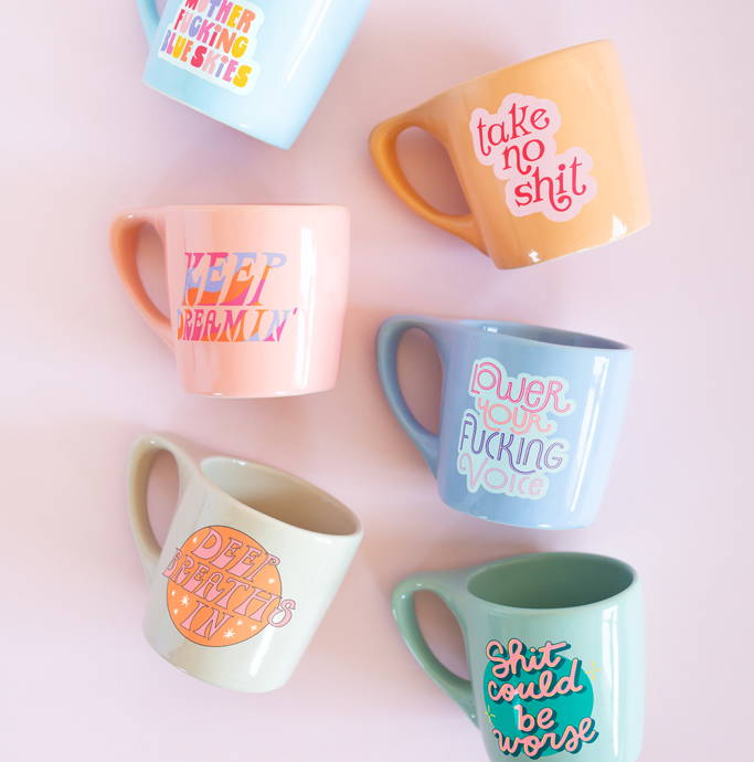 A flat lay of six element mugs with sayings on it. The mugs are in different colors like  blue, pink, orange, and tan.  Different sayings are on each mug: 'Take no shit'  'Keep dreaming' 'Lower your fucking voice' 'Deep breaths in' 'Shit could be worse'