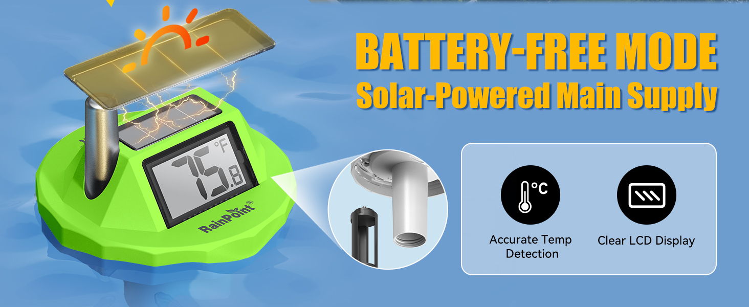 Solar-powered device with battery-free mode and temperature indicator.