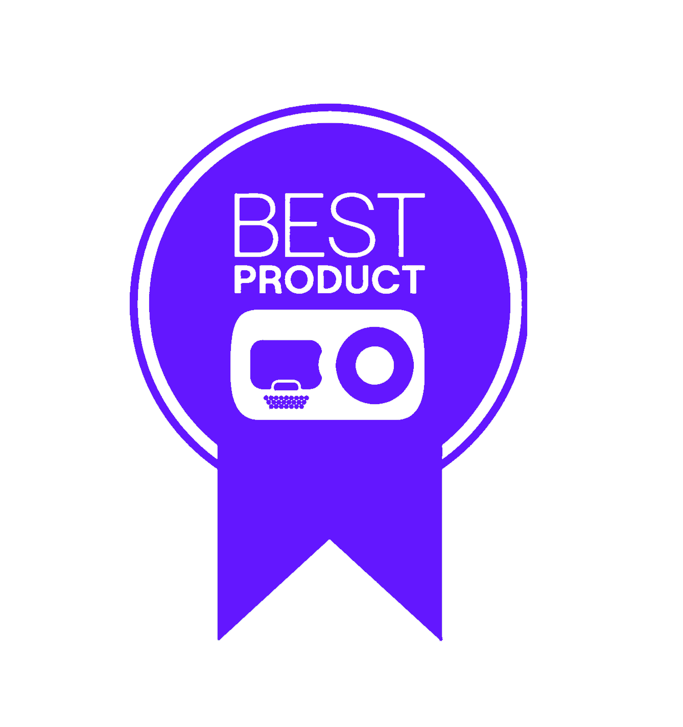 Best Product award badge in purple with icons of a screen and a donut.