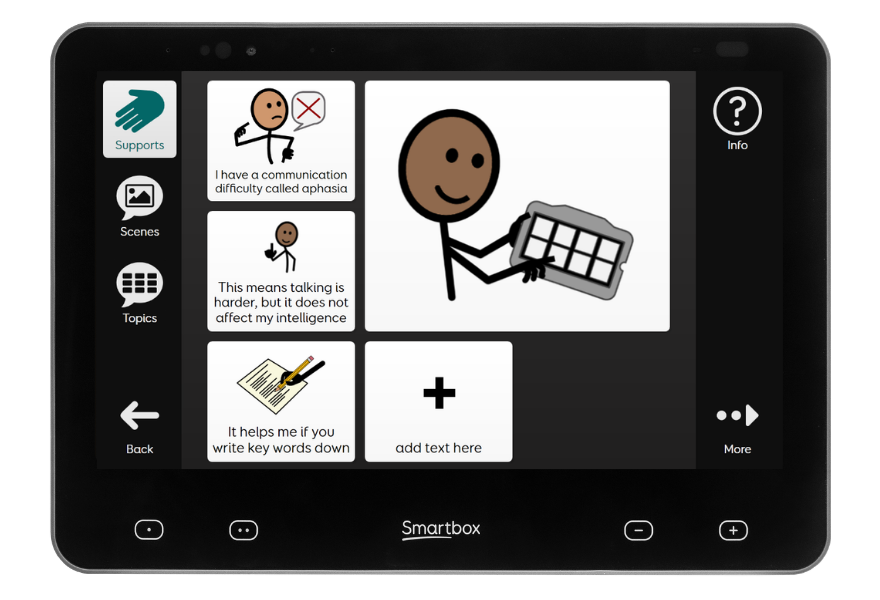 Grid Pad 13 communication device displaying Aphasia Duo 'My Life' feature.