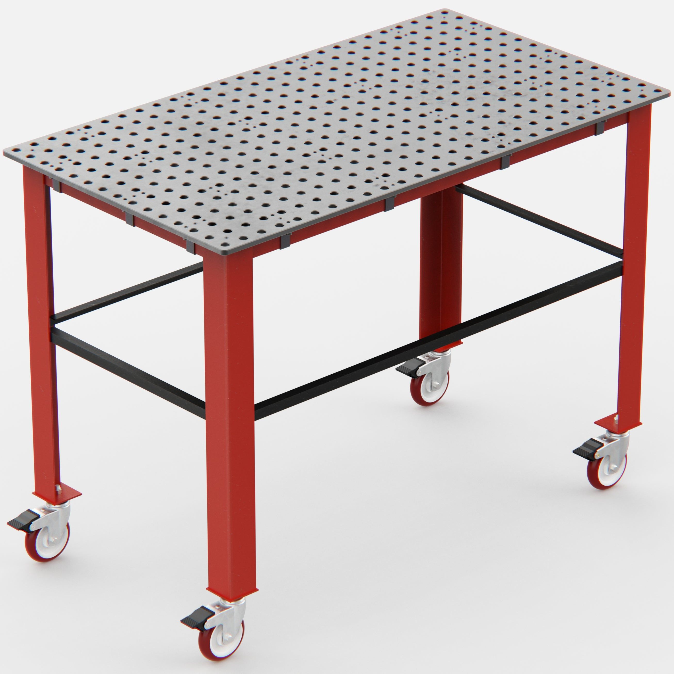 Red wheeled work table with a perforated metal top.