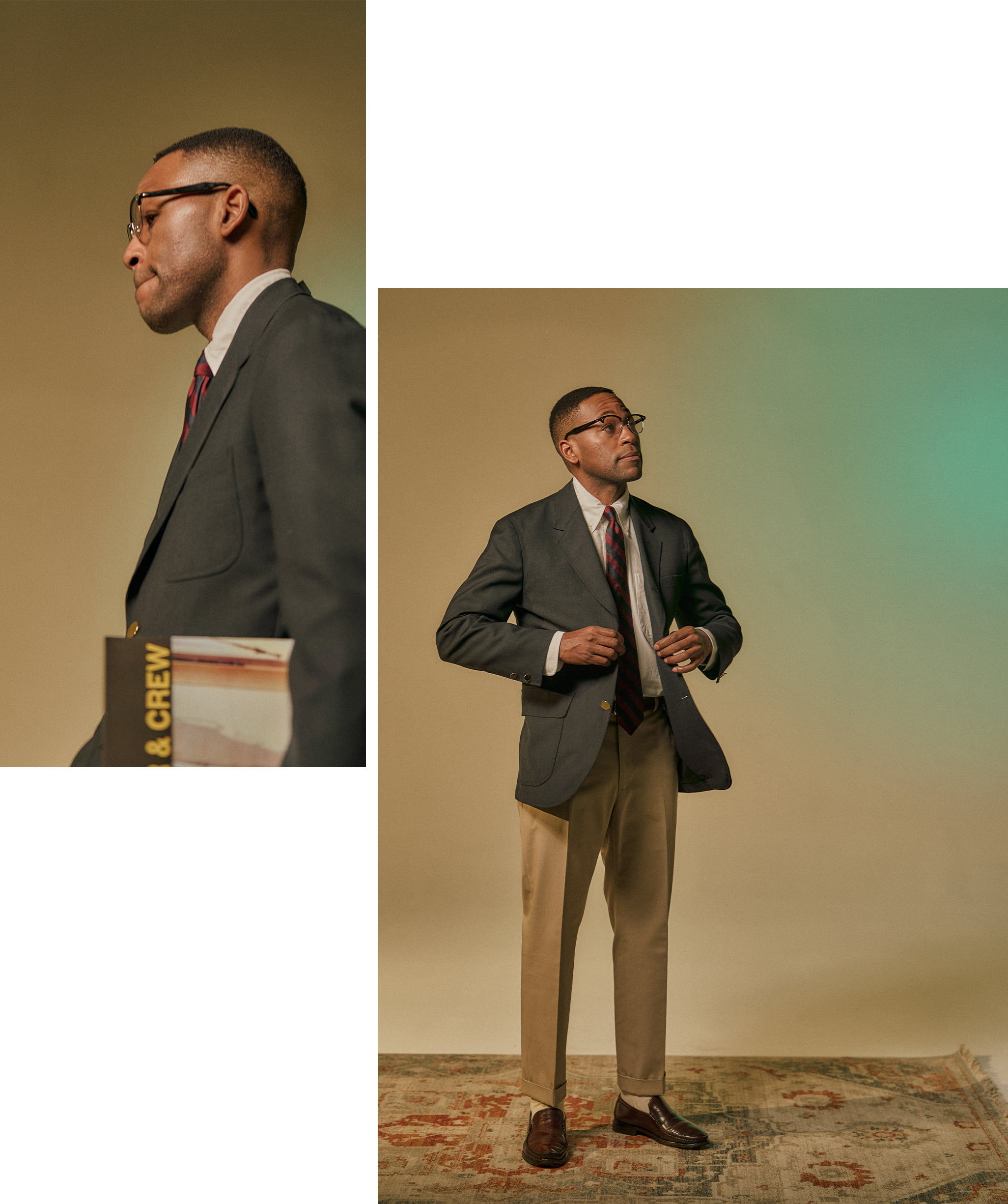 Man in a suit adjusting his jacket, standing against a neutral background.